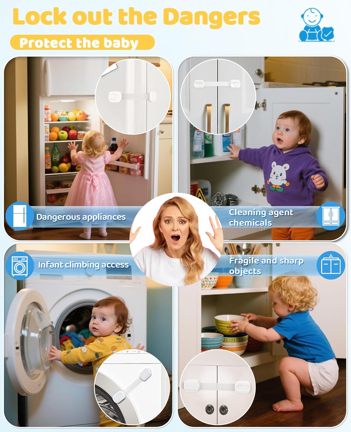 10 Pack Cabinet Locks Baby Proofing, Child Proof Cabinet Locks with 3M Adhesive - Easy Installation with Adjustable Straps, Multi-Purpose Child Safety Latches for Drawers Fridge Trash Cans Toilets