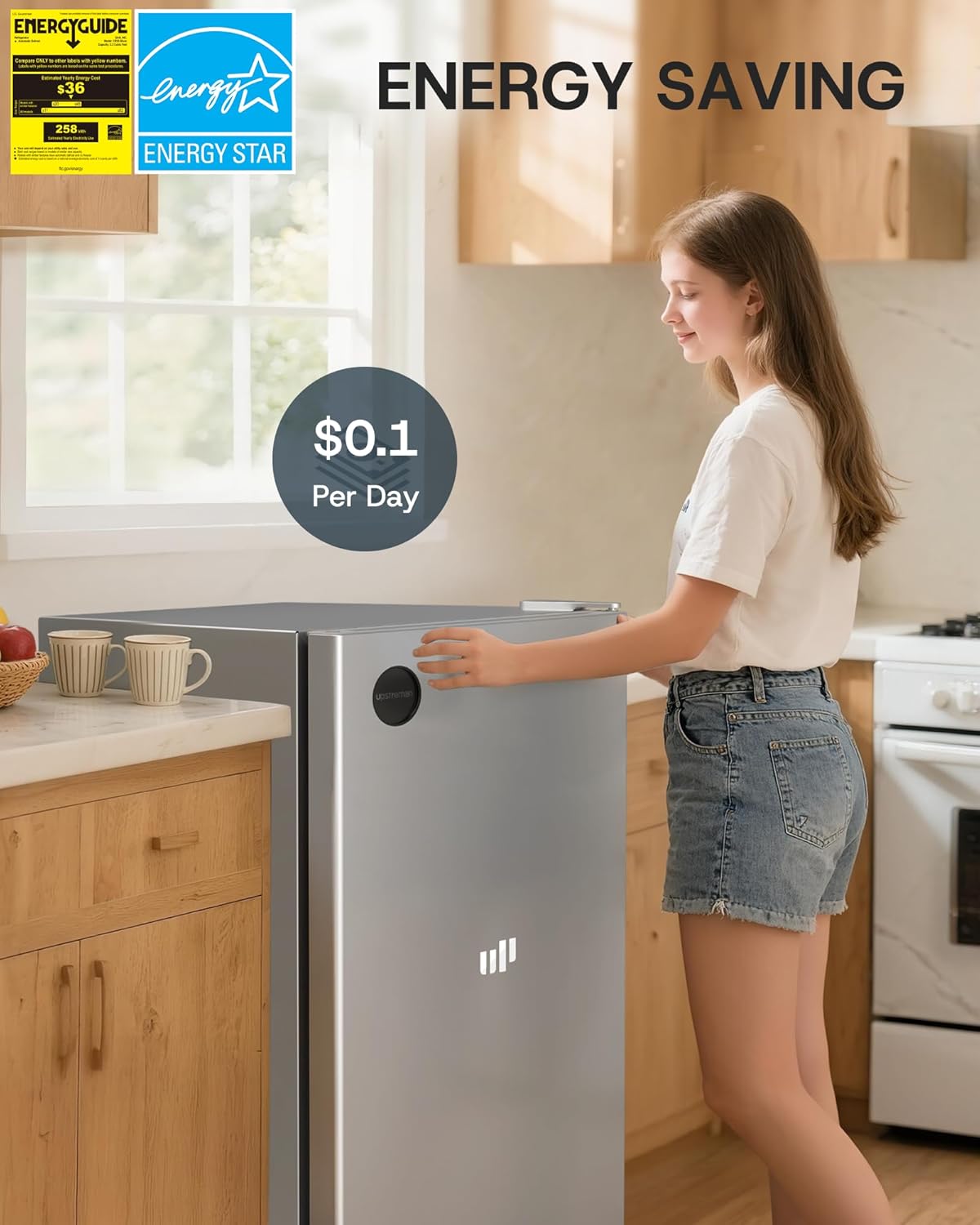 Upstreman 3.2 Cu.Ft All-Refrigerator Mini Fridge, Single Door Small Refrigerator, Dorm Fridge with 7 Adjustable Thermostat, Compact Refrigerator for Office, Bedroom or Dorm, Silver-CR32