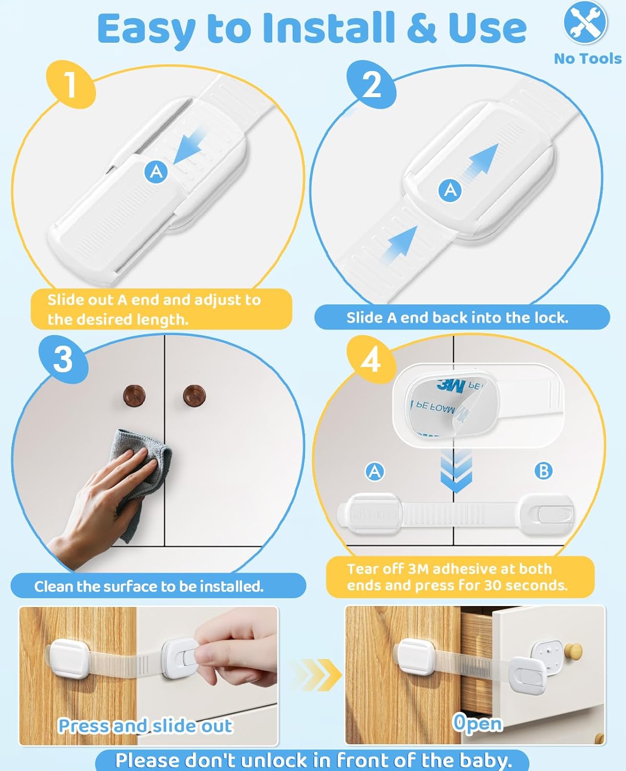 10 Pack Cabinet Locks Baby Proofing, Child Proof Cabinet Locks with 3M Adhesive - Easy Installation with Adjustable Straps, Multi-Purpose Child Safety Latches for Drawers Fridge Trash Cans Toilets