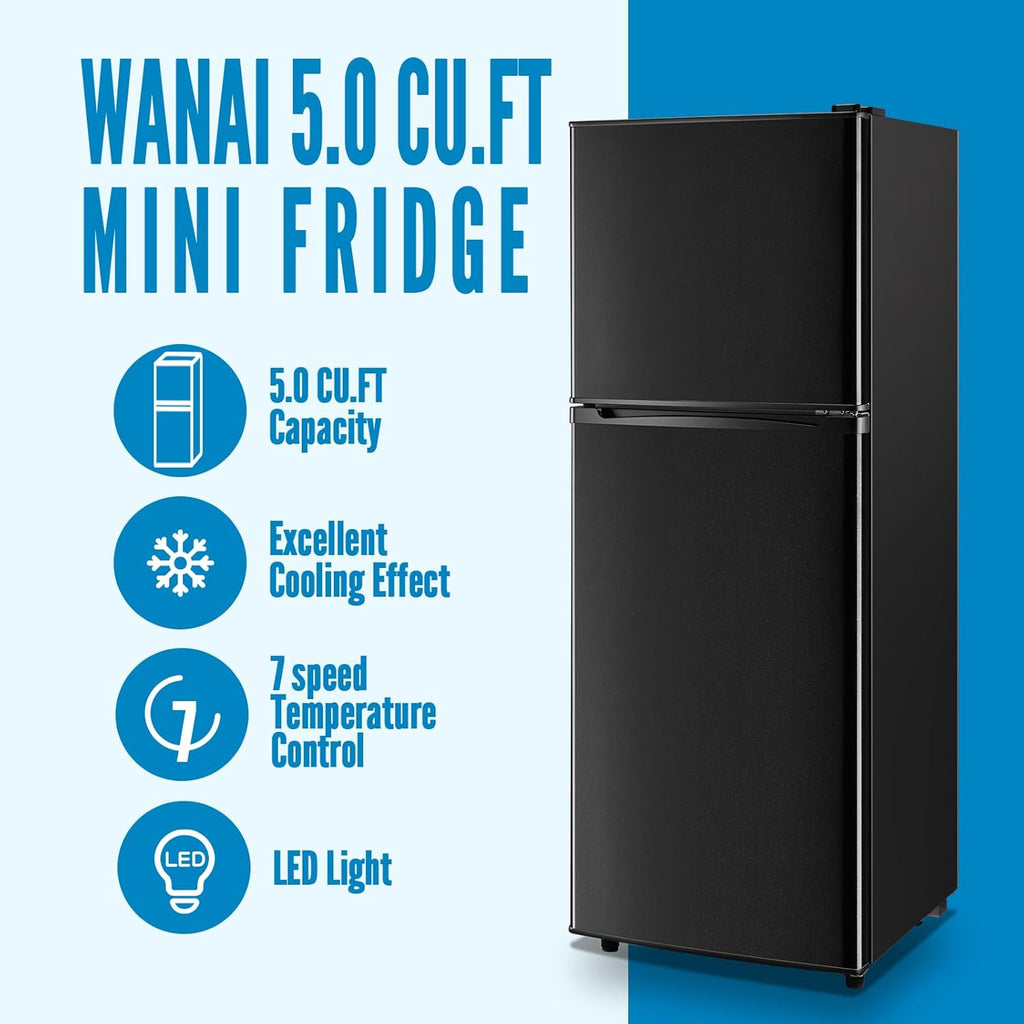 WANAI Large Capacity Fridge with Freezer, 5.0 CU.FT Refrigerator with 2 Door & 7 Gear Mechanical Control & Side Bottle Rack, LED Light, Ideal for Dorm, Kitchen, Apartment, Office, Black