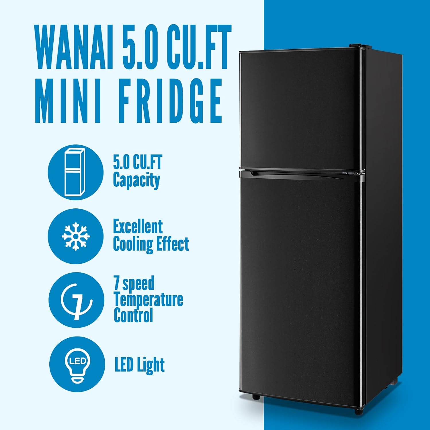 WANAI Large Capacity Fridge with Freezer, 5.0 CU.FT Refrigerator with 2 Door & 7 Gear Mechanical Control & Side Bottle Rack, LED Light, Ideal for Dorm, Kitchen, Apartment, Office, Black