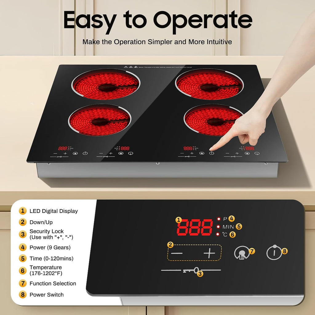 3000W 110V Electric Cooktop 4 Burners, 24 Inch Portable Built-In Countertop Ceramic Stove Top Built-in Cooktop Sensor Touch Control with Safety Lock & Timer 9 Power Levels no plug