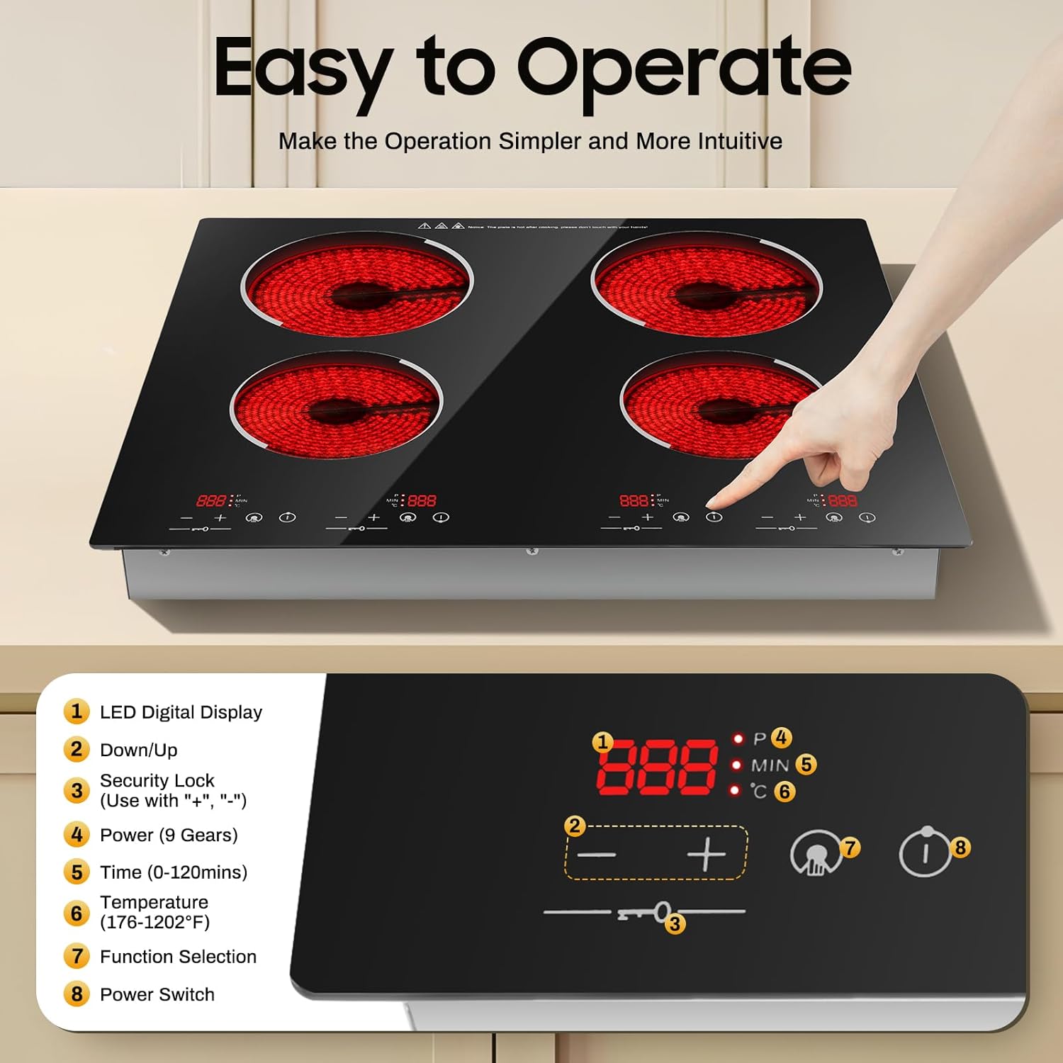 3000W 110V Electric Cooktop 4 Burners, 24 Inch Portable Built-In Countertop Ceramic Stove Top Built-in Cooktop Sensor Touch Control with Safety Lock & Timer 9 Power Levels no plug