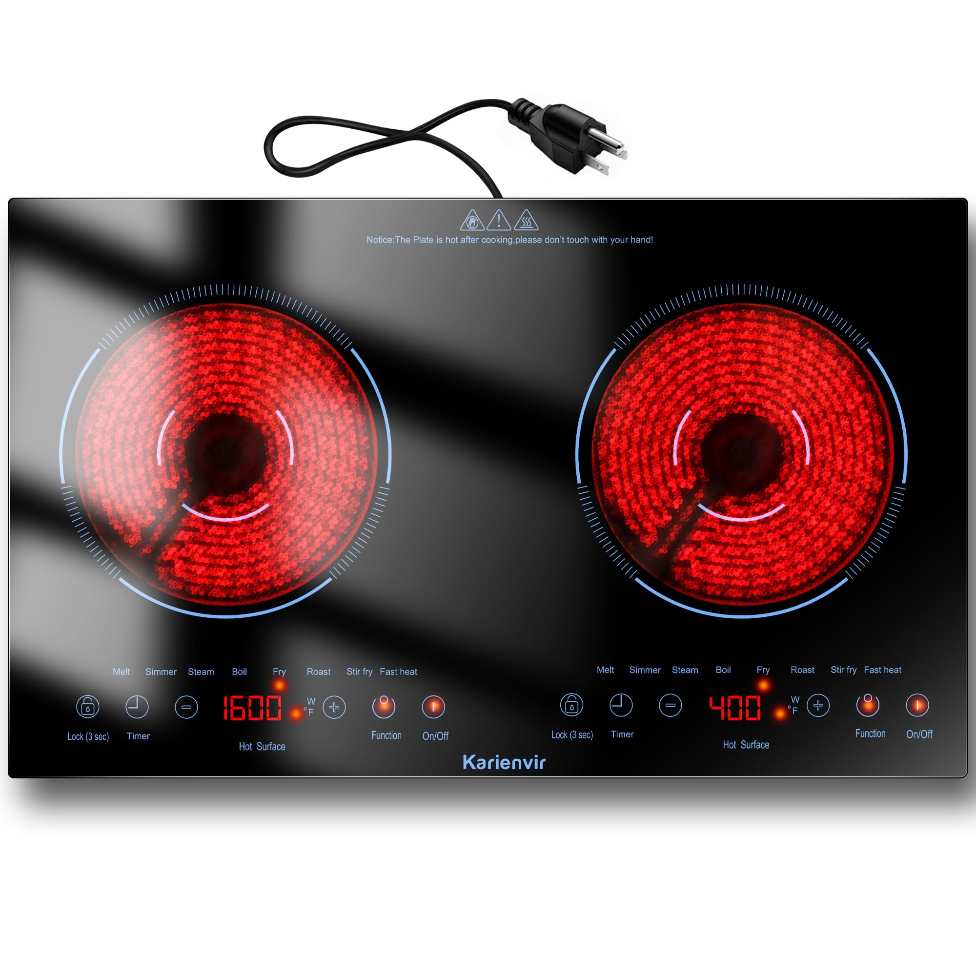 2 Burner Electric Cooktop 110v, 2000W Electric Stove Top Countertop & Built-in, Plug-in Electrics Cooktop 24 Inch, 8 Power Levels & 8 Functions, Touch Control, Safety Lock, Timer, Karienvir