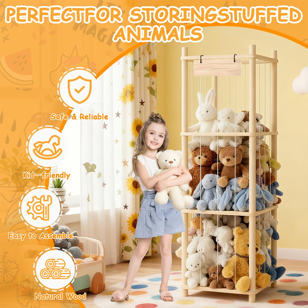 Stuffed Animal Storage Zoo Organizer Wooden Toy Holder with Elastic Bands & Mesh Net Space Saving Vertical Design for Playroom Nursery Kids Bedroom