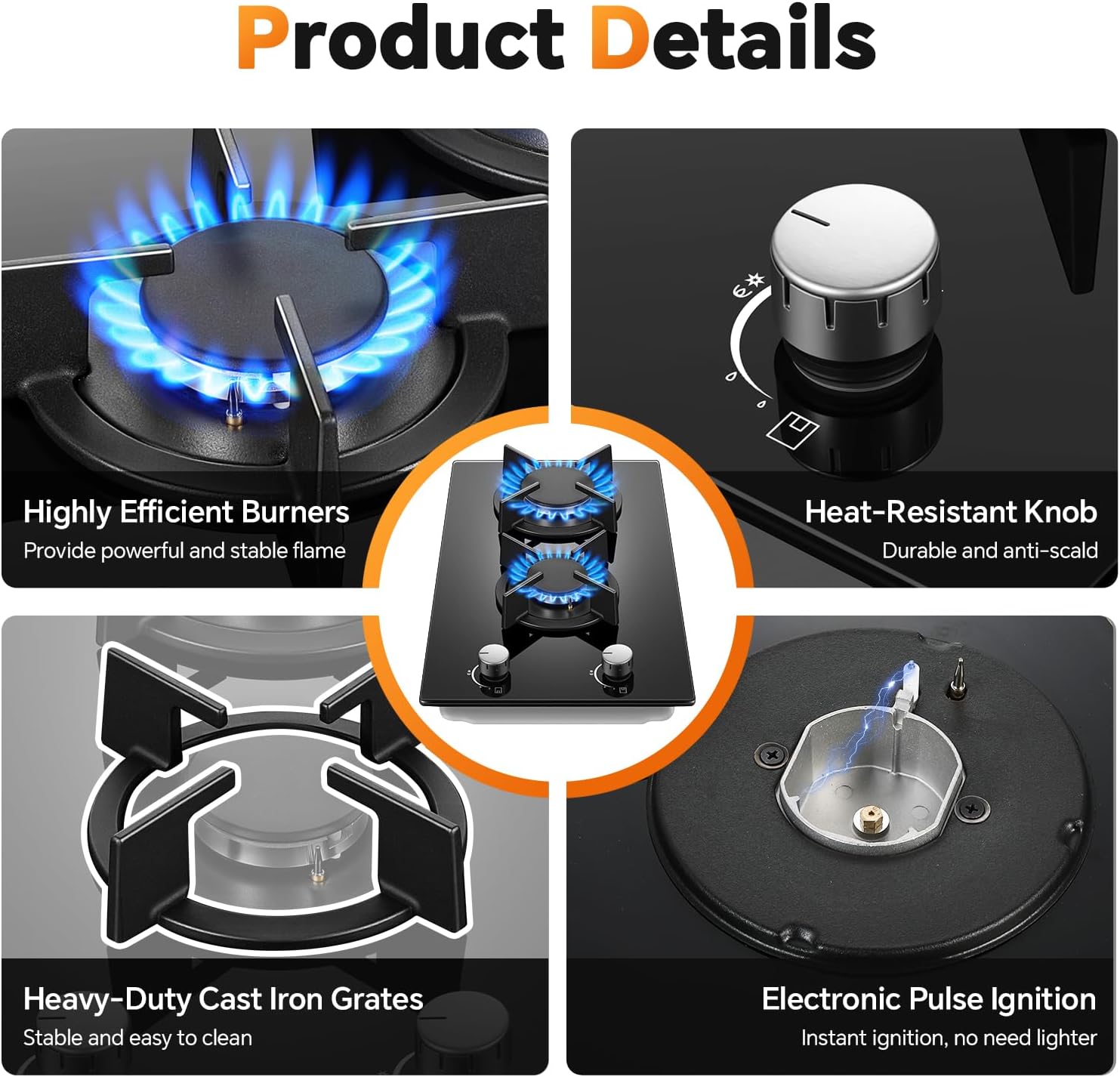 Gas Stove 2 Burner, Propane Cooktop 12 Inch, Built-in Gas Cooktop Black Tempered Glass Stove Top with Thermocouple Protection, LPG/NG Dual Fuel Hob for Apartment, Kitchen, RV