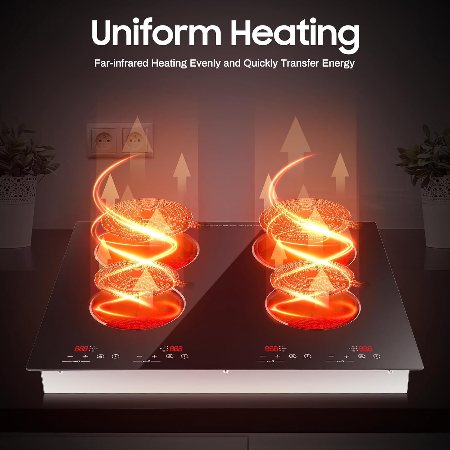 3000W 110V Electric Cooktop 4 Burners, 24 Inch Portable Built-In Countertop Ceramic Stove Top Built-in Cooktop Sensor Touch Control with Safety Lock & Timer 9 Power Levels no plug