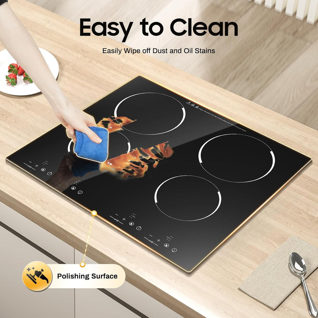 3000W 110V Electric Cooktop 4 Burners, 24 Inch Portable Built-In Countertop Ceramic Stove Top Built-in Cooktop Sensor Touch Control with Safety Lock & Timer 9 Power Levels no plug