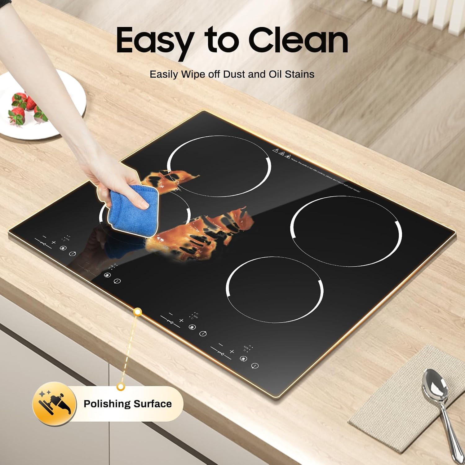 3000W 110V Electric Cooktop 4 Burners, 24 Inch Portable Built-In Countertop Ceramic Stove Top Built-in Cooktop Sensor Touch Control with Safety Lock & Timer 9 Power Levels no plug