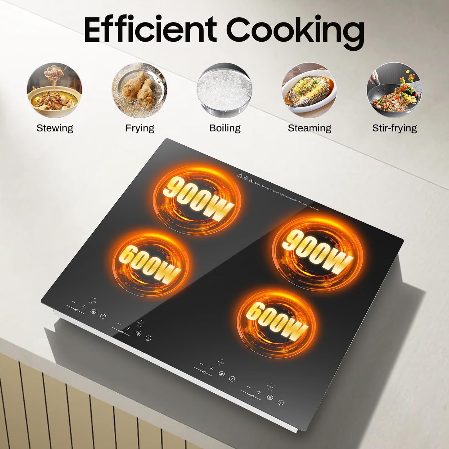 3000W 110V Electric Cooktop 4 Burners, 24 Inch Portable Built-In Countertop Ceramic Stove Top Built-in Cooktop Sensor Touch Control with Safety Lock & Timer 9 Power Levels no plug