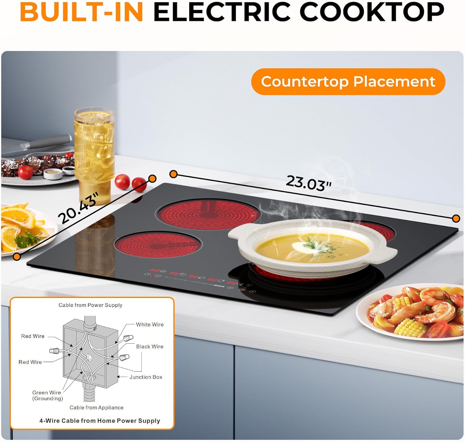 EUHOMY 24 inch 4 Burners Cooktop, 220V Electric Stove Top Burner, 6000W Built-in Electric Burners for Cooking, 16 Level and Touch Control, Child Lock, Timer, Residual Heat Indicator, No Plug