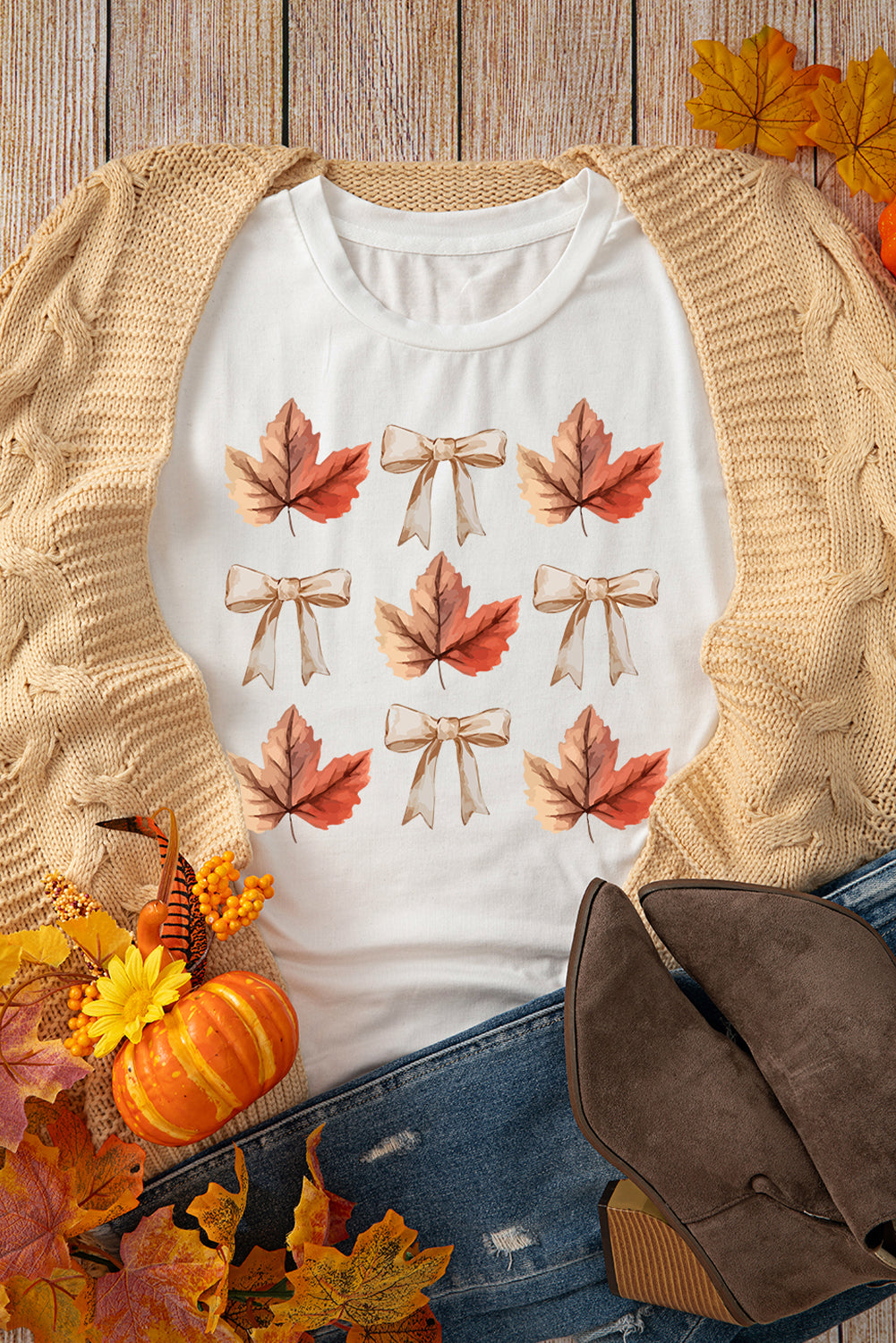 White Fall Leaf Bow Print Thanksgiving T Shirt
