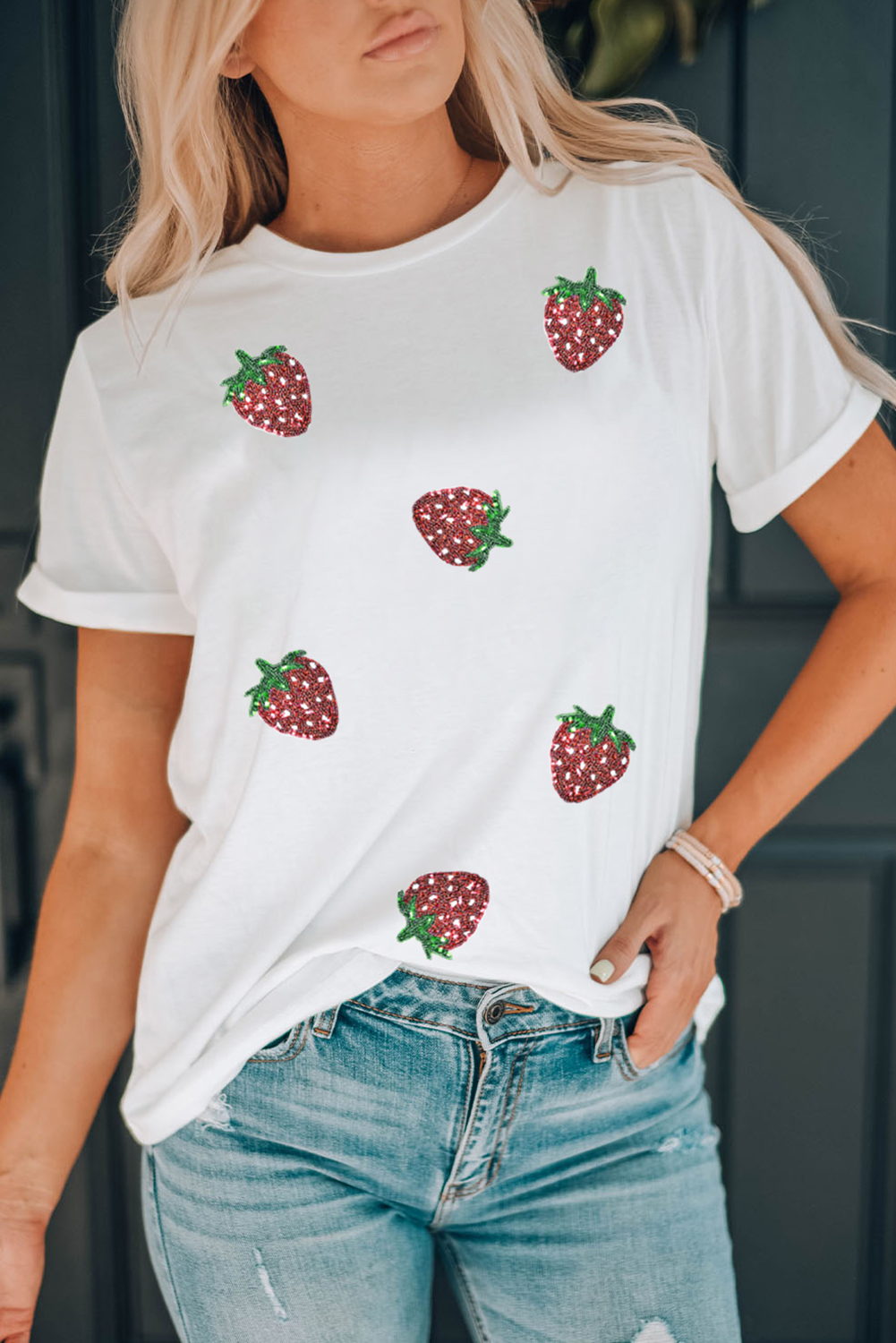 White Sequin Strawberry Patched Crew Neck T Shirt
