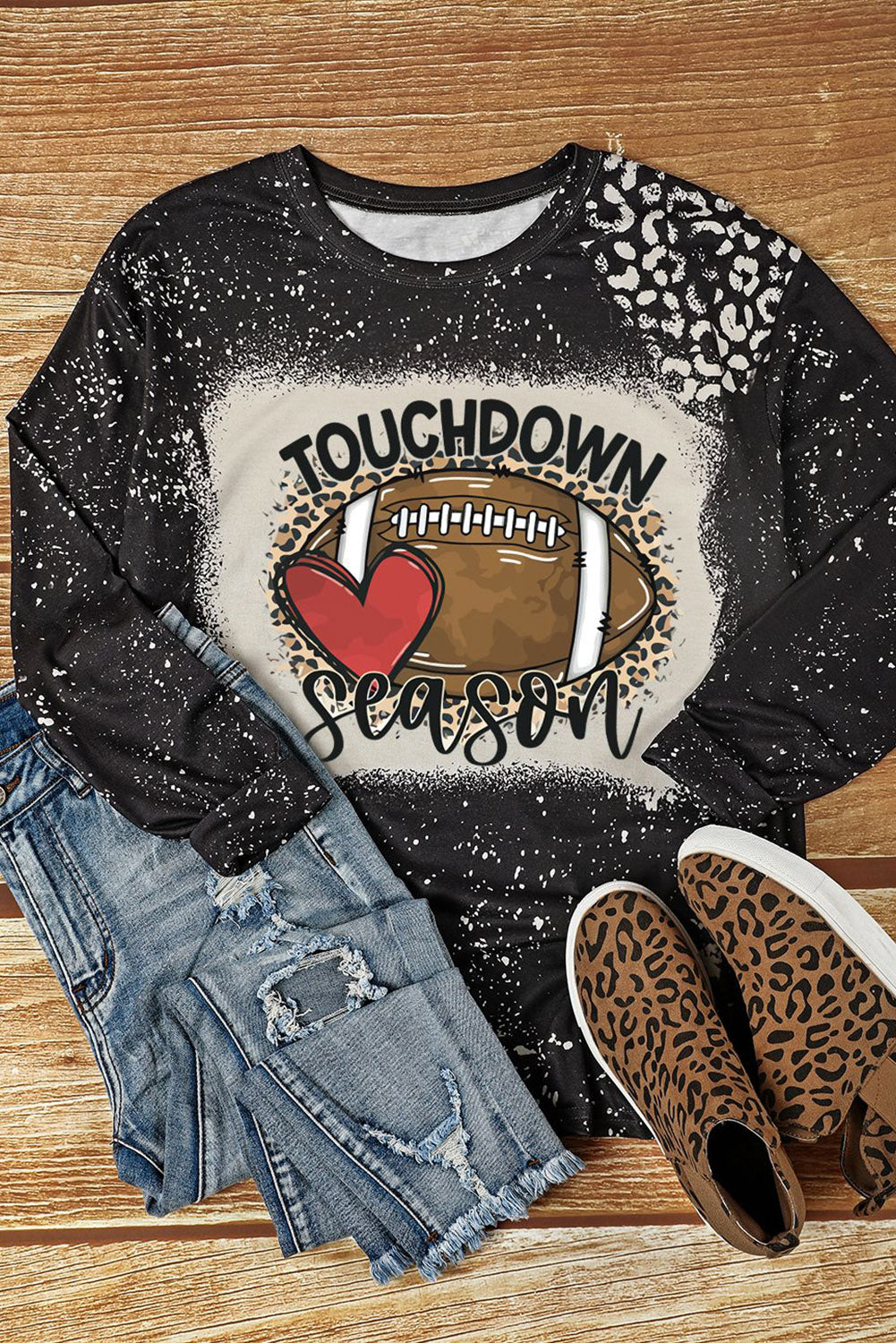 Black TOUCHDOWN Season Rugby Football Leopard Print Long Sleeve Top