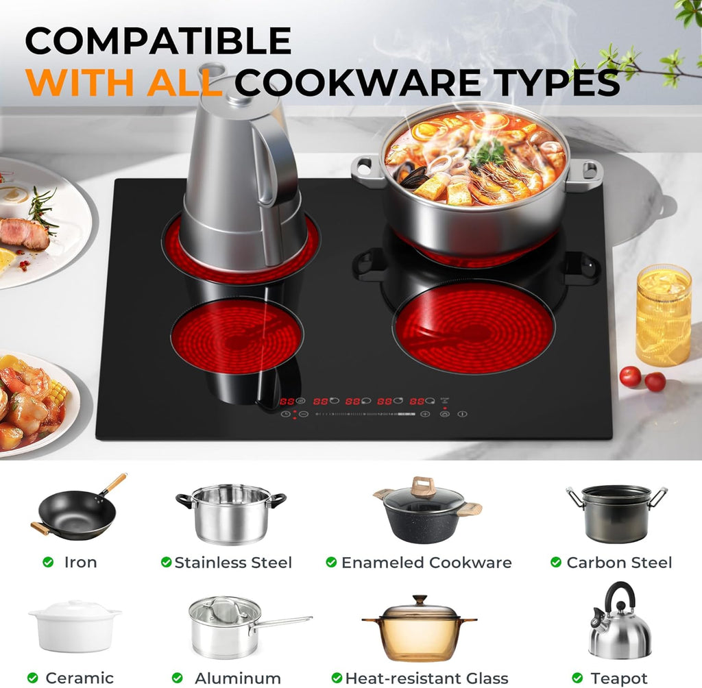 EUHOMY 24 inch 4 Burners Cooktop, 220V Electric Stove Top Burner, 6000W Built-in Electric Burners for Cooking, 16 Level and Touch Control, Child Lock, Timer, Residual Heat Indicator, No Plug