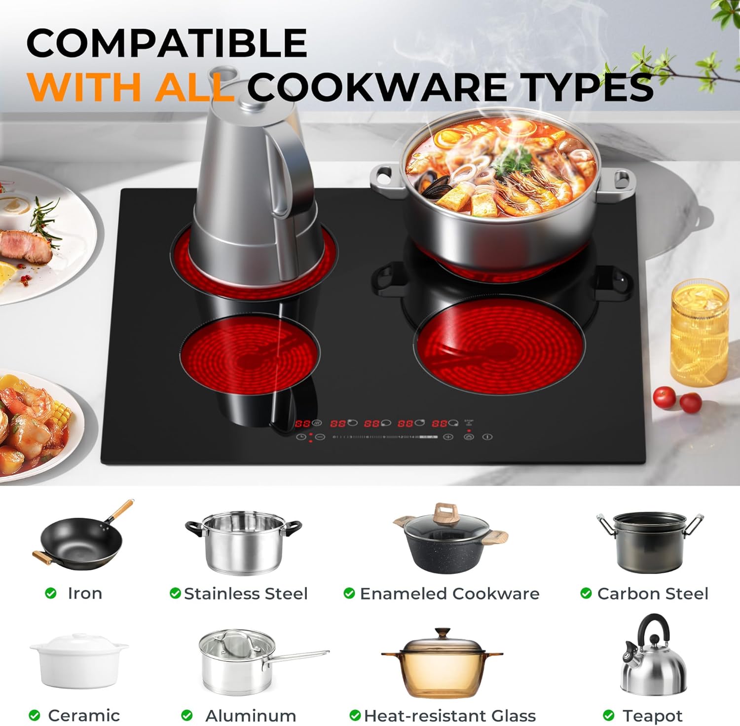 EUHOMY 24 inch 4 Burners Cooktop, 220V Electric Stove Top Burner, 6000W Built-in Electric Burners for Cooking, 16 Level and Touch Control, Child Lock, Timer, Residual Heat Indicator, No Plug