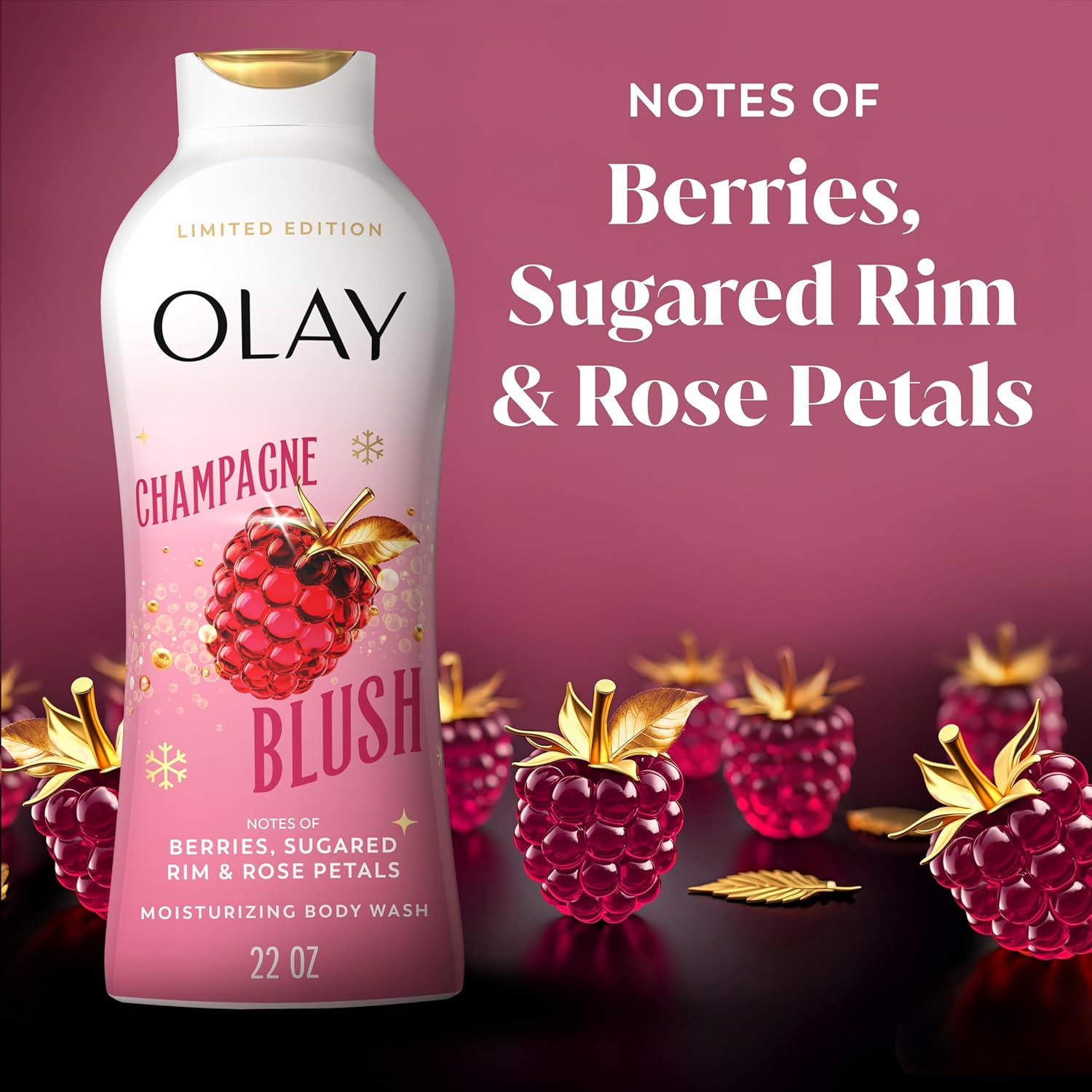 Olay Body Wash for Women, Hydrating & Moisturizing, Holiday Edition, With Plant Based Cleansers, B3 Complex, For All Skin Types, Champagne Blush with Berries Sugared Rim & Rose Petals Scent, 22 fl oz