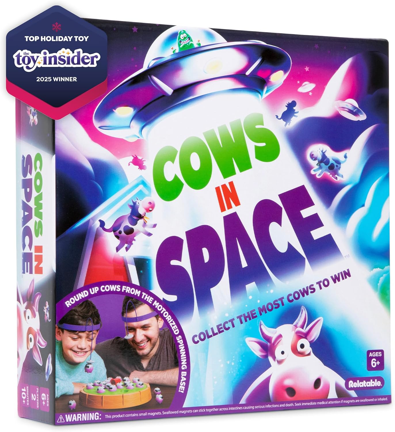 WHAT DO YOU MEME? Cows in Space by Relatable – A Kid-Friendly Pick for 2 Player Kids Games, and Fun Games – Includes 2 UFO Headbands, 1 Electronic Spinning Base, 21 Cows, and Instructions