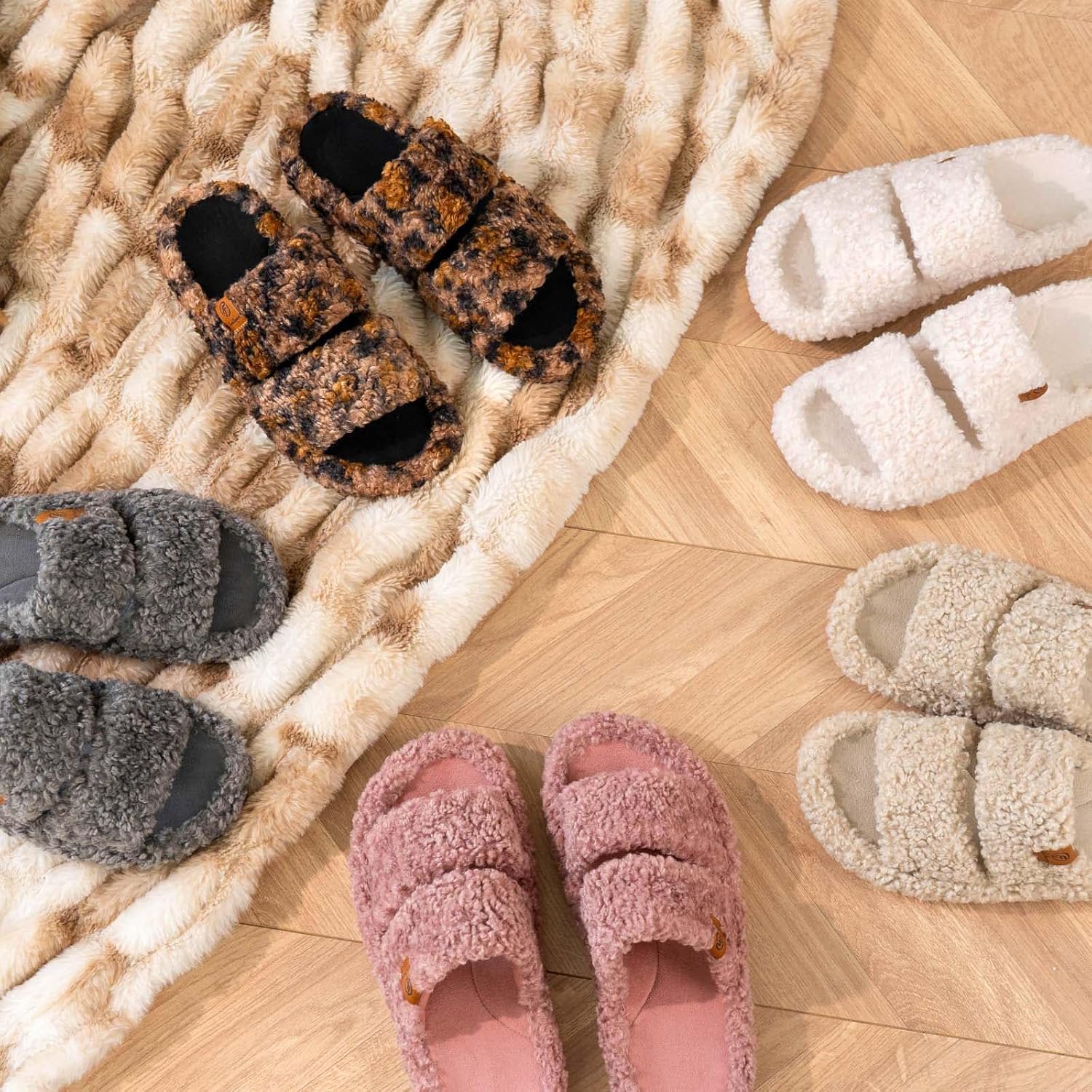 EverFoams Womens Fuzzy Open-toe Slippers Soft Comfy Memory Foam Indoor House Shoes