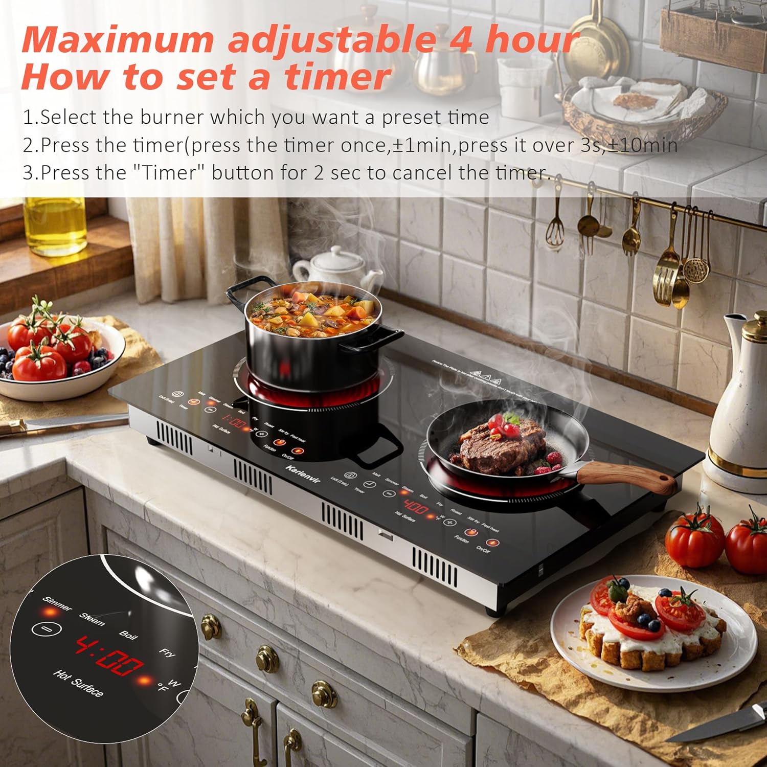 2 Burner Electric Cooktop 110v, 2000W Electric Stove Top Countertop & Built-in, Plug-in Electrics Cooktop 24 Inch, 8 Power Levels & 8 Functions, Touch Control, Safety Lock, Timer, Karienvir