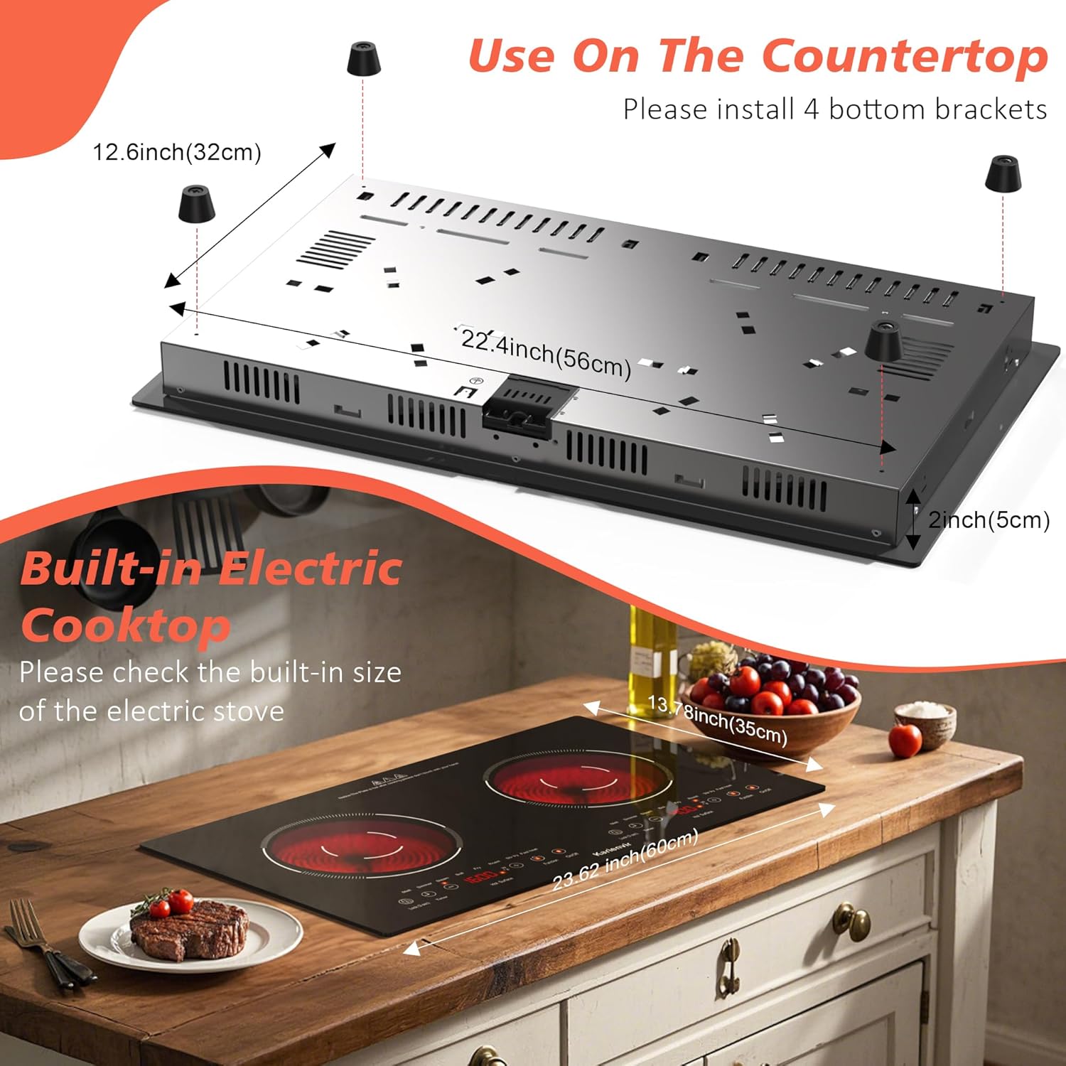 2 Burner Electric Cooktop 110v, 2000W Electric Stove Top Countertop & Built-in, Plug-in Electrics Cooktop 24 Inch, 8 Power Levels & 8 Functions, Touch Control, Safety Lock, Timer, Karienvir