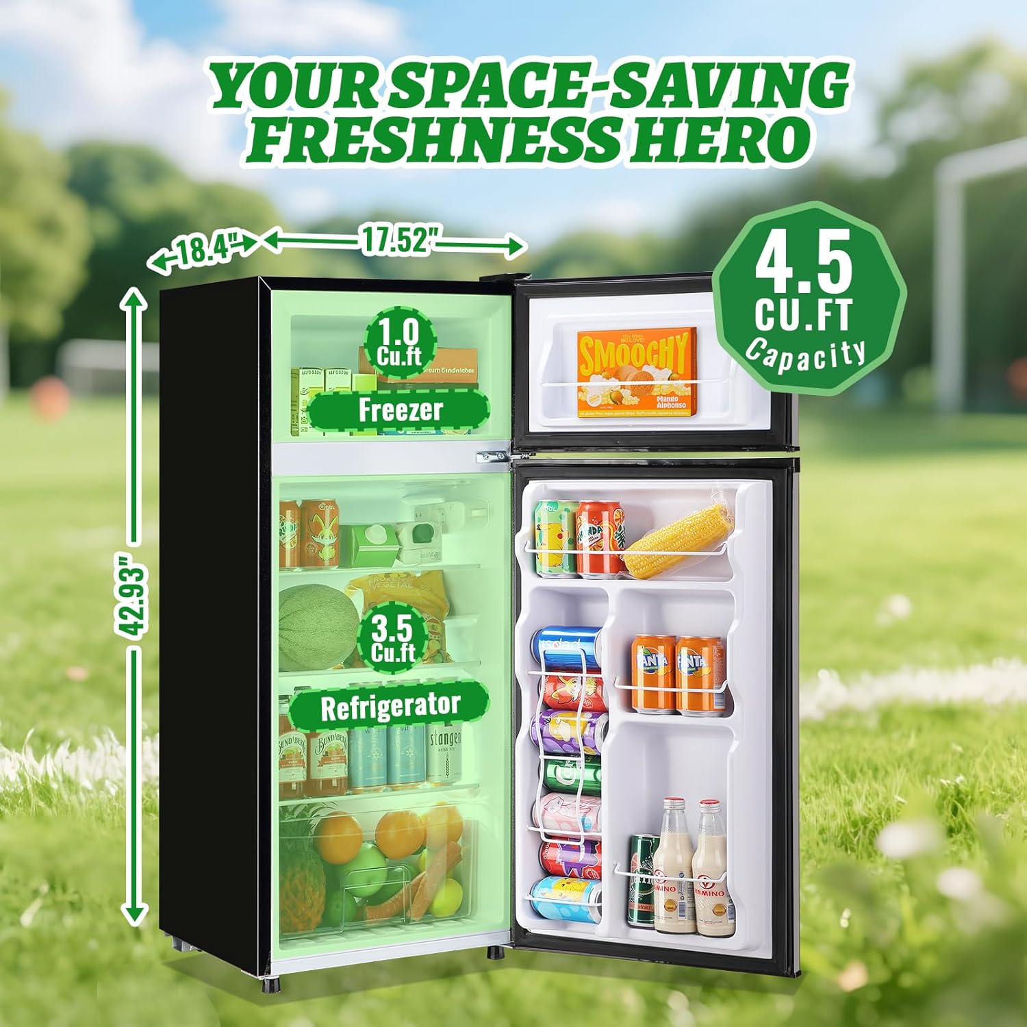 DEMULELR 4.5Cu.ft Refrigerator with Freezer Two Door Fridge with Removable Glass Shelves, Crisper Drawer & Extra Drink Space, LED Light, Apartment Size Fridge for Dorm Silver