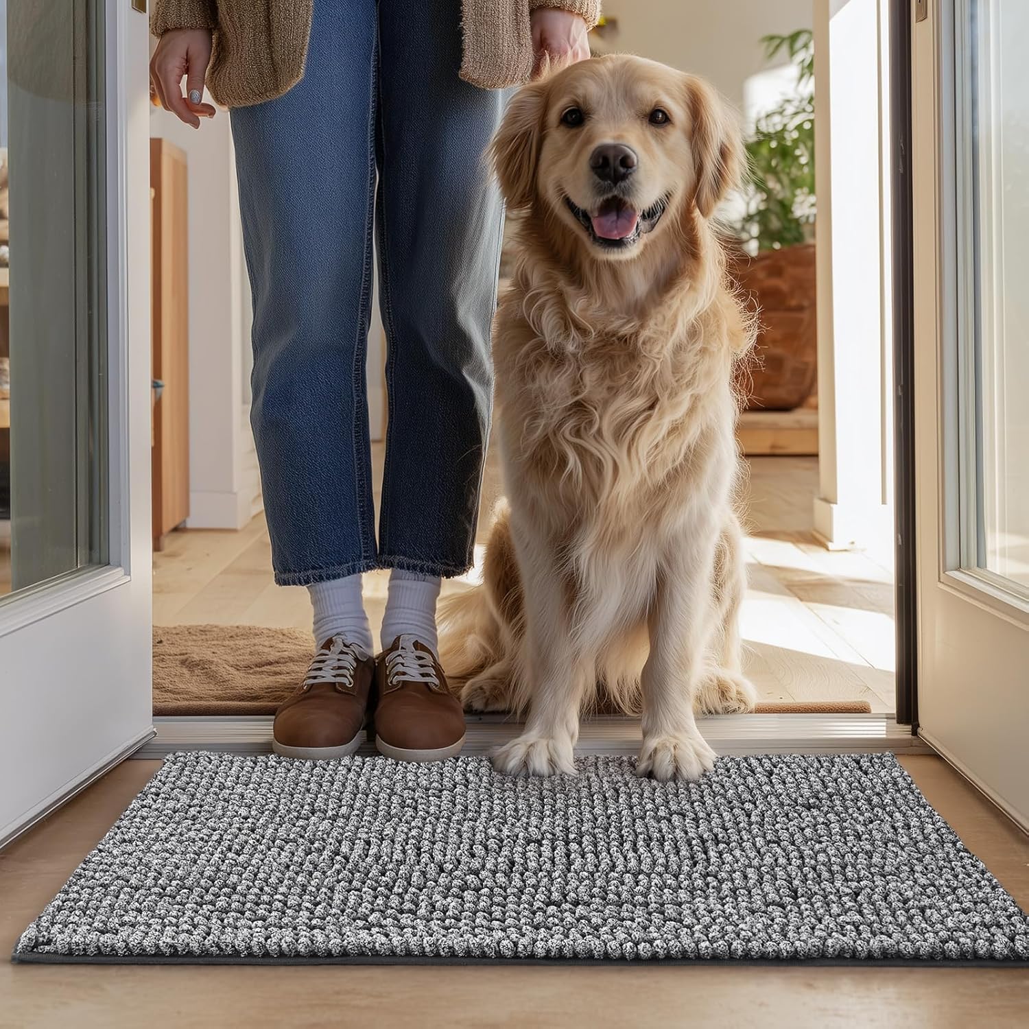 EHEYCIGA Super Absorbent Dog Door Mat for Muddy Paws 30x20 Inch Indoor, Front Doormat Outside Entrance, Quick Dry Chenille Washable Dog Crate Bed, Non-Slip Pet Rug Mud Mat Outdoor Entryway, Grey