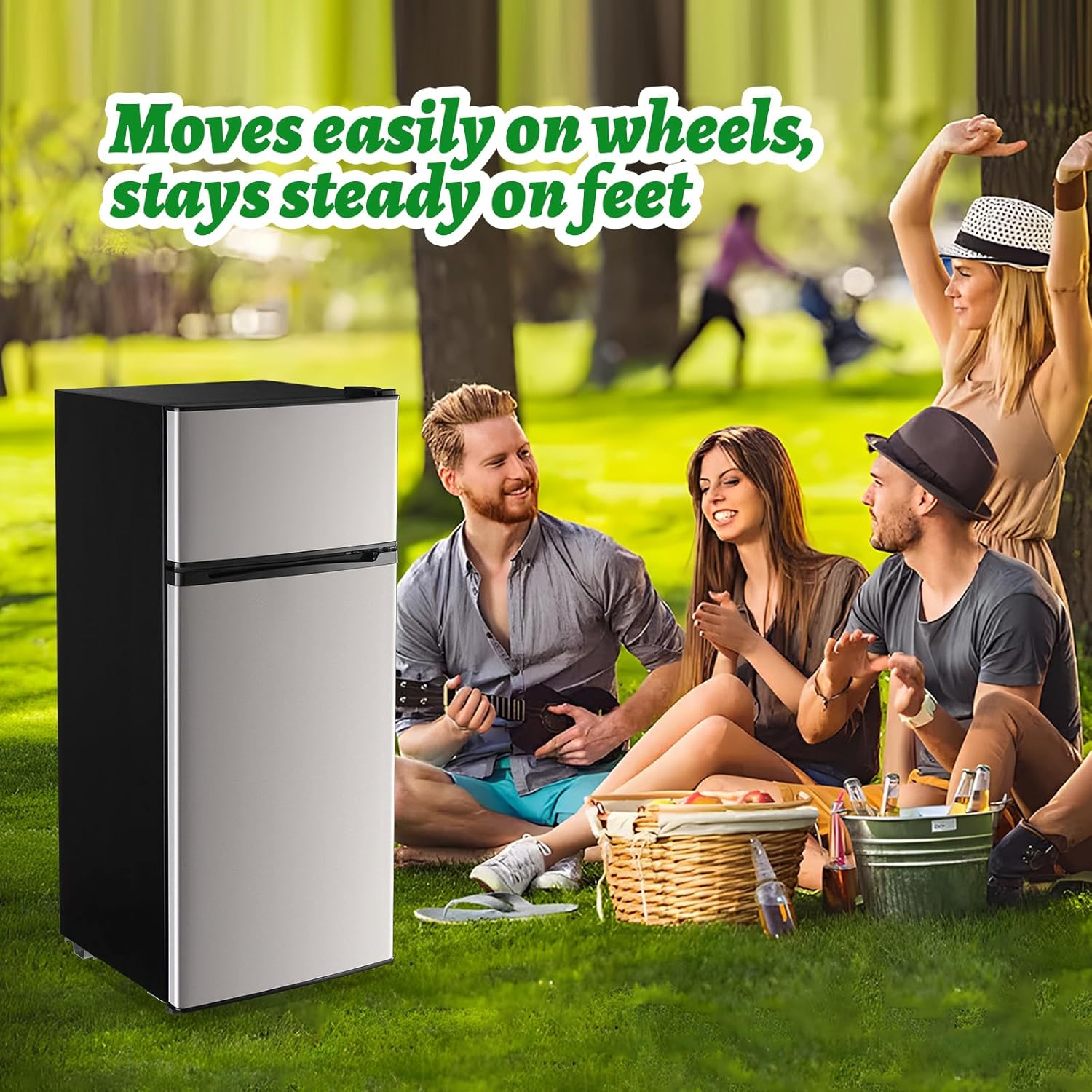 DEMULELR 4.5Cu.ft Refrigerator with Freezer Two Door Fridge with Removable Glass Shelves, Crisper Drawer & Extra Drink Space, LED Light, Apartment Size Fridge for Dorm Silver