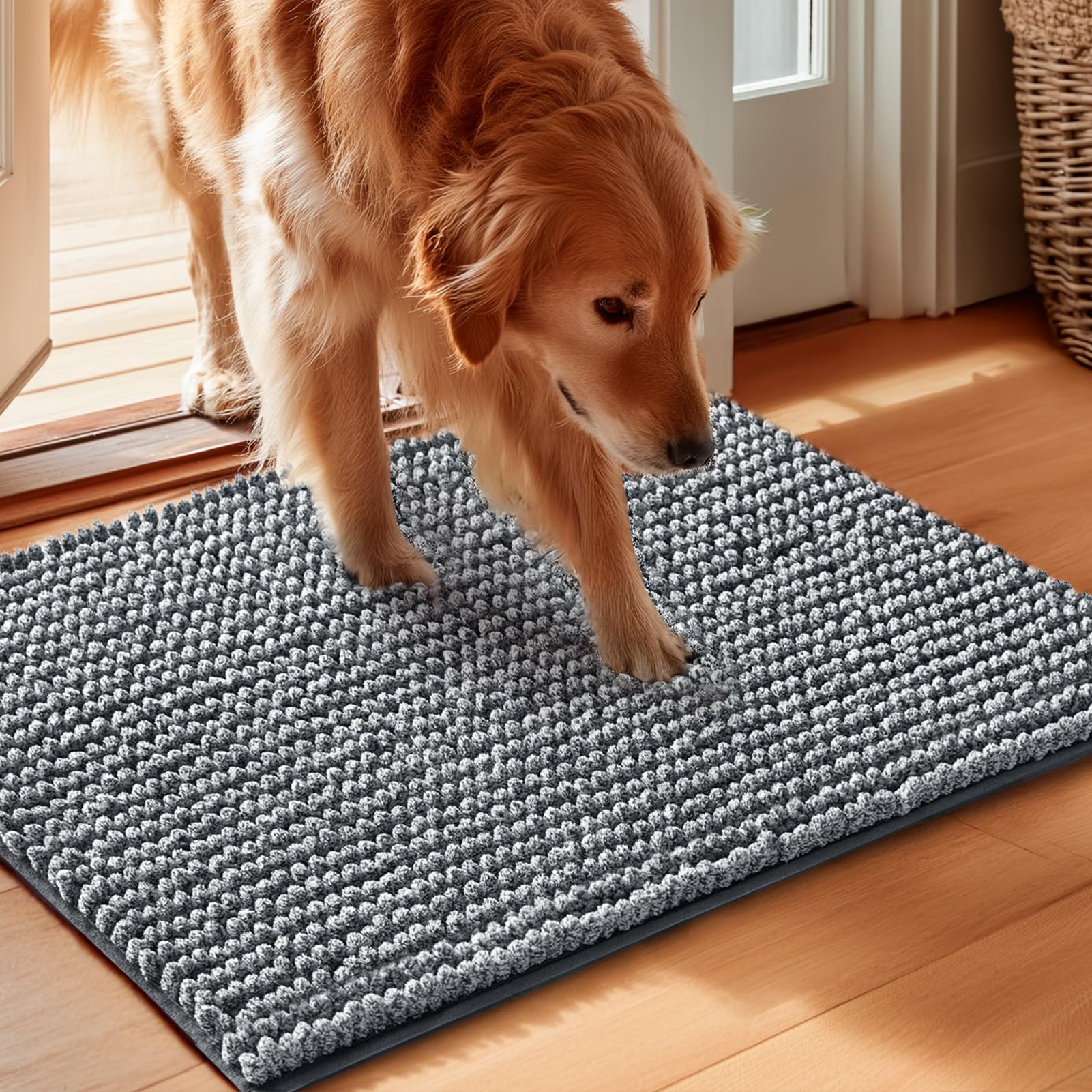 EHEYCIGA Super Absorbent Dog Door Mat for Muddy Paws 30x20 Inch Indoor, Front Doormat Outside Entrance, Quick Dry Chenille Washable Dog Crate Bed, Non-Slip Pet Rug Mud Mat Outdoor Entryway, Grey