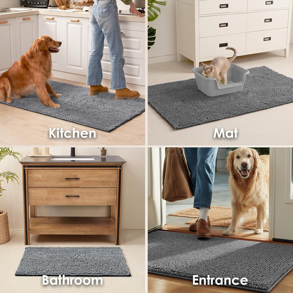 EHEYCIGA Super Absorbent Dog Door Mat for Muddy Paws 30x20 Inch Indoor, Front Doormat Outside Entrance, Quick Dry Chenille Washable Dog Crate Bed, Non-Slip Pet Rug Mud Mat Outdoor Entryway, Grey