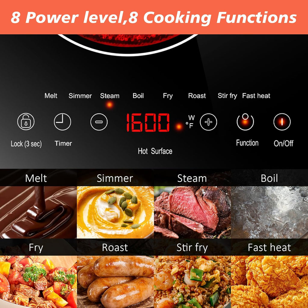 2 Burner Electric Cooktop 110v, 2000W Electric Stove Top Countertop & Built-in, Plug-in Electrics Cooktop 24 Inch, 8 Power Levels & 8 Functions, Touch Control, Safety Lock, Timer, Karienvir
