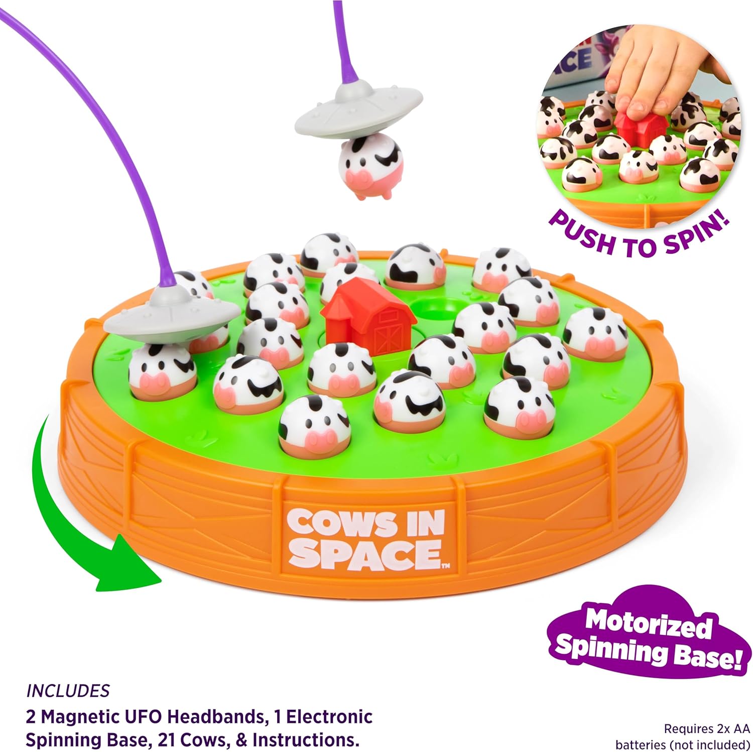 WHAT DO YOU MEME? Cows in Space by Relatable – A Kid-Friendly Pick for 2 Player Kids Games, and Fun Games – Includes 2 UFO Headbands, 1 Electronic Spinning Base, 21 Cows, and Instructions