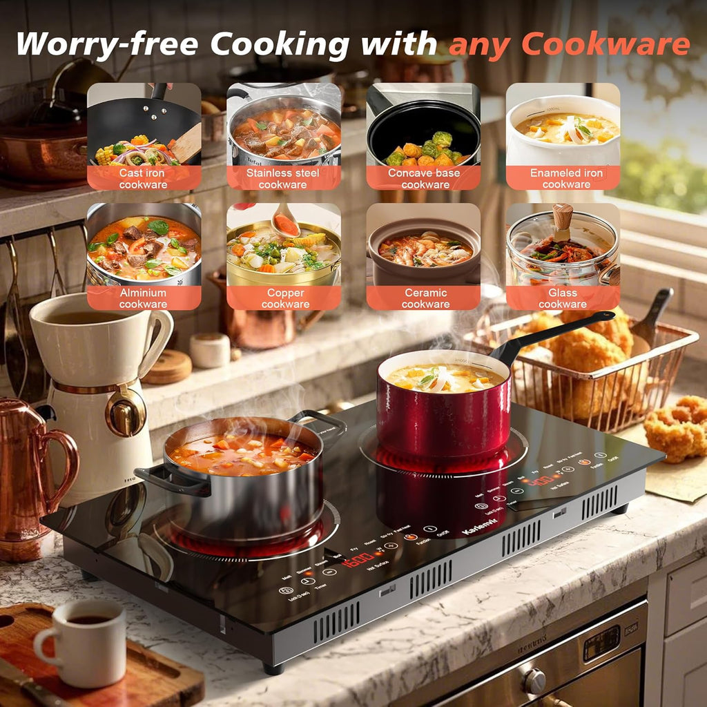 2 Burner Electric Cooktop 110v, 2000W Electric Stove Top Countertop & Built-in, Plug-in Electrics Cooktop 24 Inch, 8 Power Levels & 8 Functions, Touch Control, Safety Lock, Timer, Karienvir