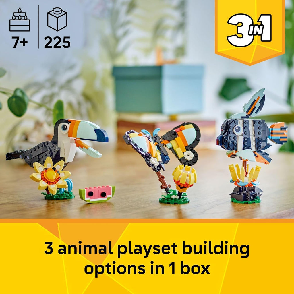 LEGO Creator 3 in 1 Wild Animals: Tropical Toucan Building Toy for Kids- Jungle Building Blocks & Learning Toy for Girls & Boys, Ages 7+ - Build 3 Animal Toys in 1 Set - Gift for Birthdays - 31173