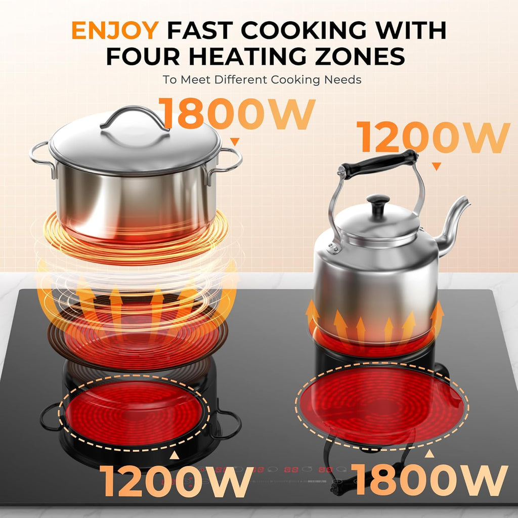 EUHOMY 24 inch 4 Burners Cooktop, 220V Electric Stove Top Burner, 6000W Built-in Electric Burners for Cooking, 16 Level and Touch Control, Child Lock, Timer, Residual Heat Indicator, No Plug