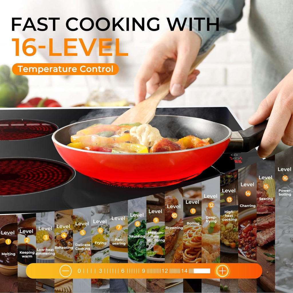 EUHOMY 24 inch 4 Burners Cooktop, 220V Electric Stove Top Burner, 6000W Built-in Electric Burners for Cooking, 16 Level and Touch Control, Child Lock, Timer, Residual Heat Indicator, No Plug