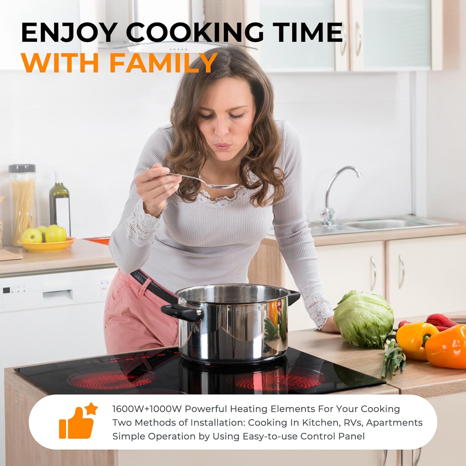 EUHOMY 24 inch 4 Burners Cooktop, 220V Electric Stove Top Burner, 6000W Built-in Electric Burners for Cooking, 16 Level and Touch Control, Child Lock, Timer, Residual Heat Indicator, No Plug