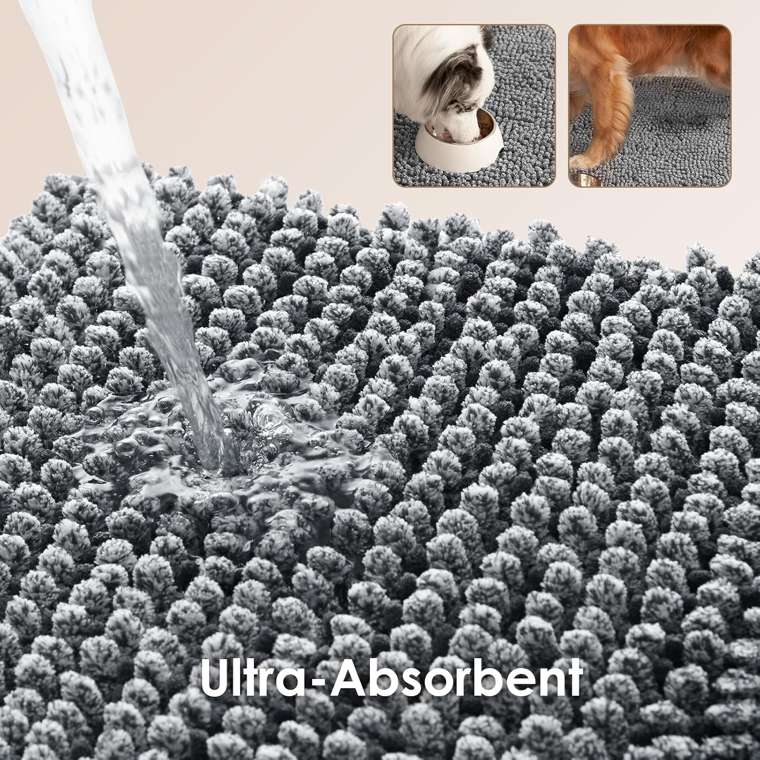 EHEYCIGA Super Absorbent Dog Door Mat for Muddy Paws 30x20 Inch Indoor, Front Doormat Outside Entrance, Quick Dry Chenille Washable Dog Crate Bed, Non-Slip Pet Rug Mud Mat Outdoor Entryway, Grey