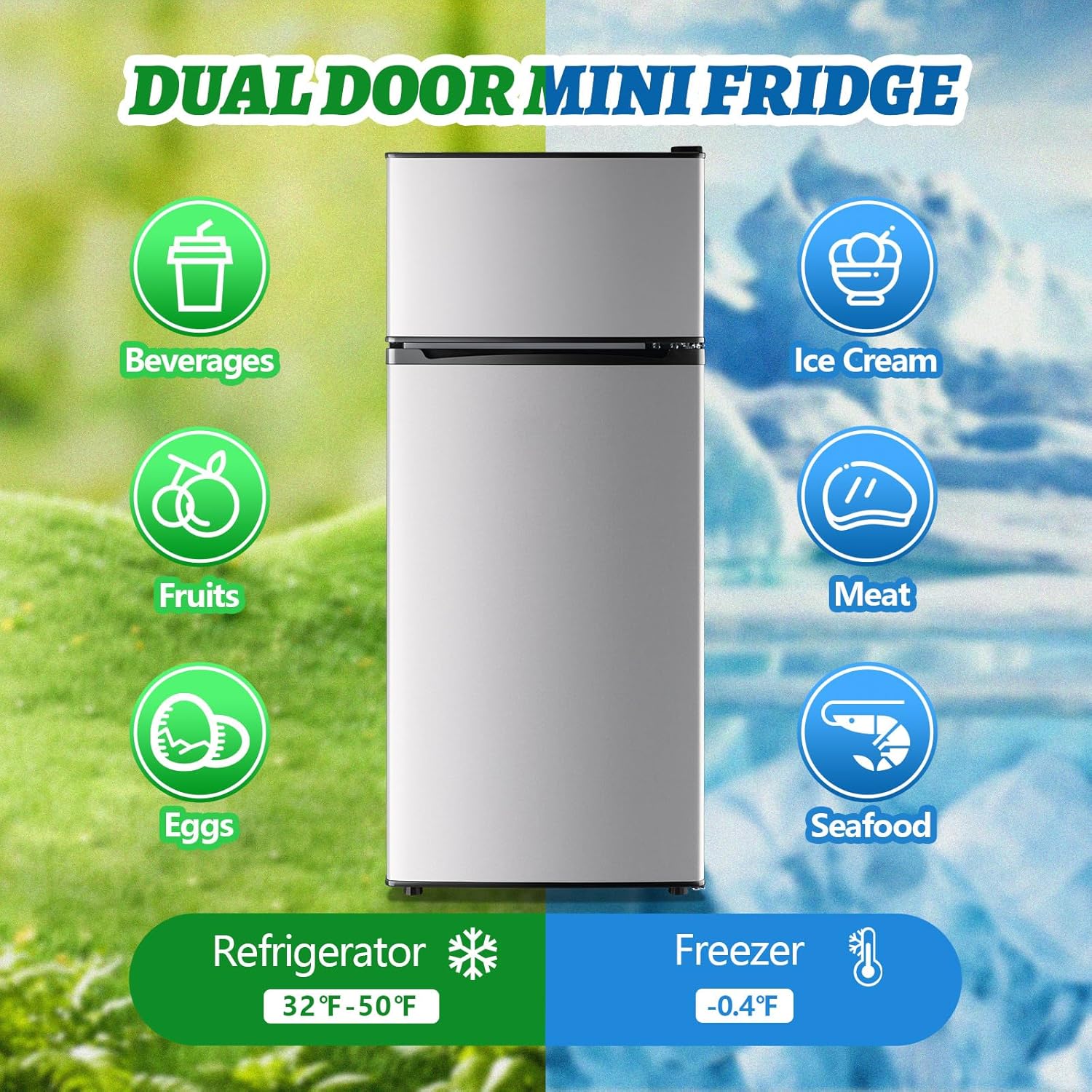 DEMULELR 4.5Cu.ft Refrigerator with Freezer Two Door Fridge with Removable Glass Shelves, Crisper Drawer & Extra Drink Space, LED Light, Apartment Size Fridge for Dorm Silver