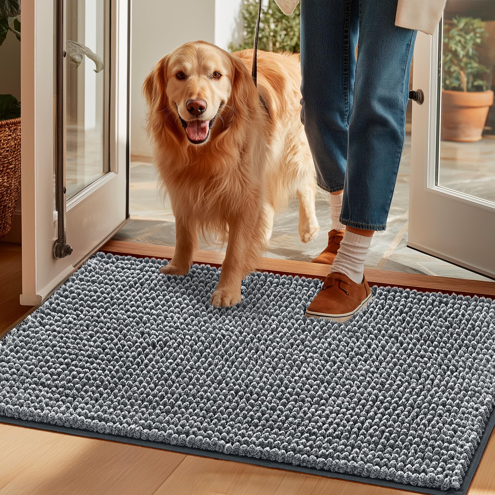 EHEYCIGA Super Absorbent Dog Door Mat for Muddy Paws 30x20 Inch Indoor, Front Doormat Outside Entrance, Quick Dry Chenille Washable Dog Crate Bed, Non-Slip Pet Rug Mud Mat Outdoor Entryway, Grey