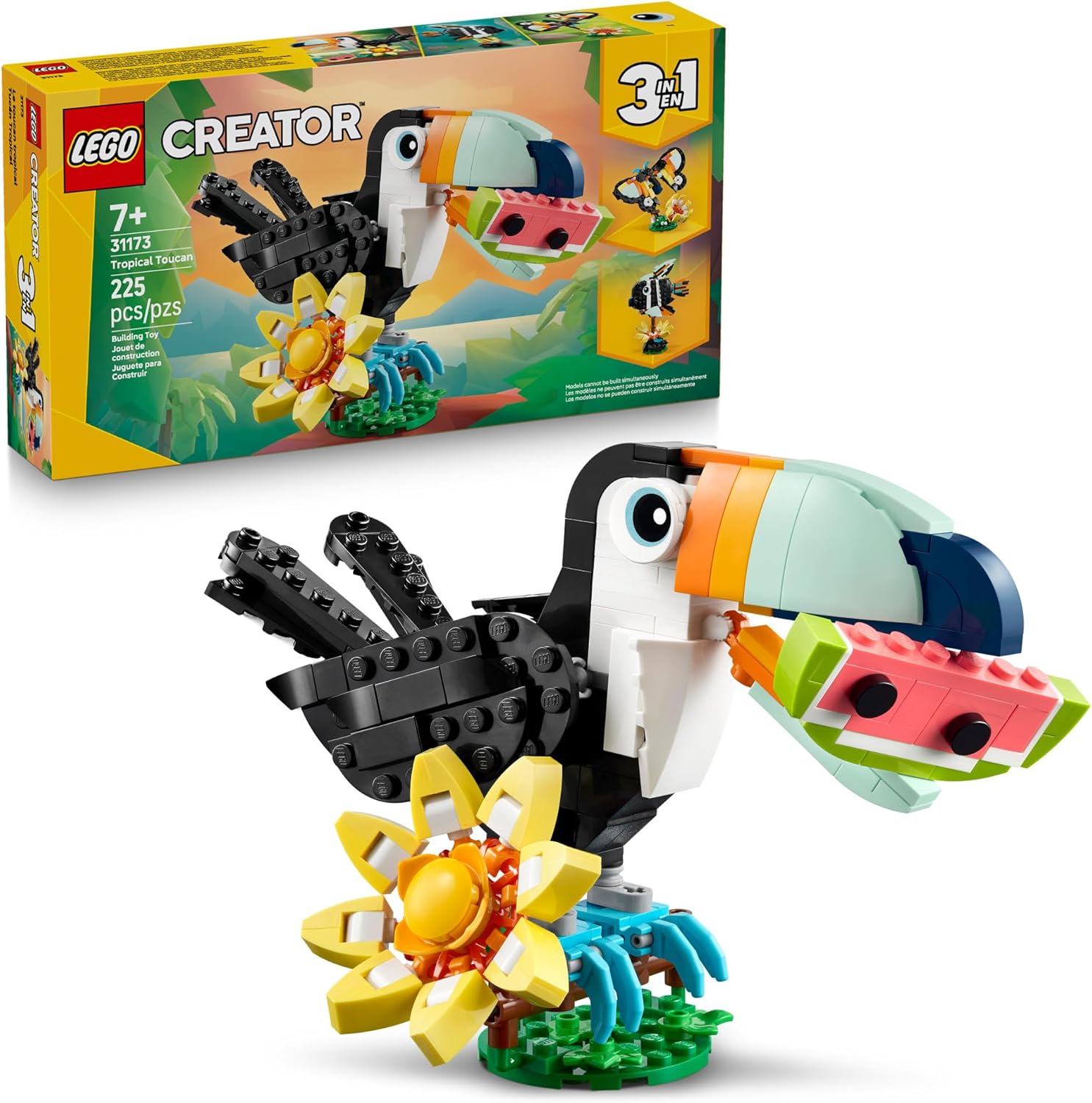 LEGO Creator 3 in 1 Wild Animals: Tropical Toucan Building Toy for Kids- Jungle Building Blocks & Learning Toy for Girls & Boys, Ages 7+ - Build 3 Animal Toys in 1 Set - Gift for Birthdays - 31173
