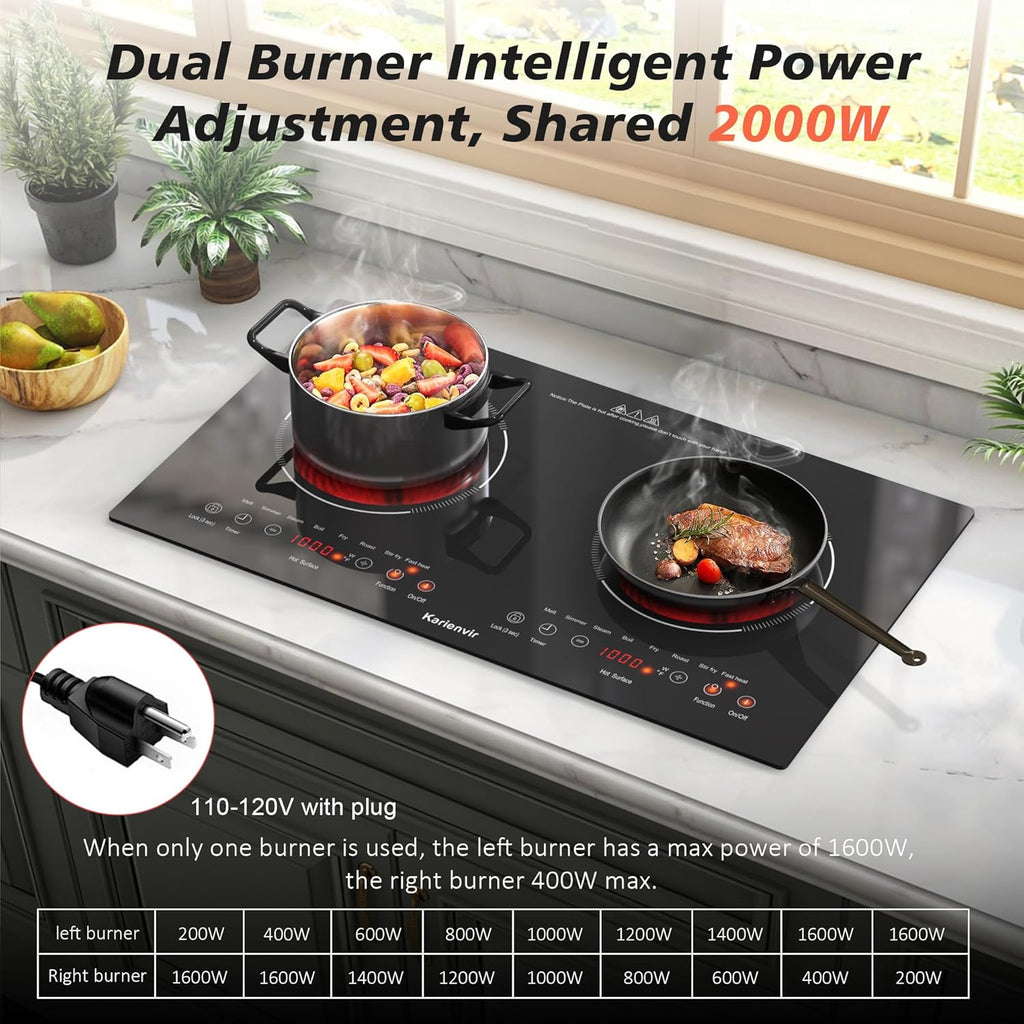 2 Burner Electric Cooktop 110v, 2000W Electric Stove Top Countertop & Built-in, Plug-in Electrics Cooktop 24 Inch, 8 Power Levels & 8 Functions, Touch Control, Safety Lock, Timer, Karienvir