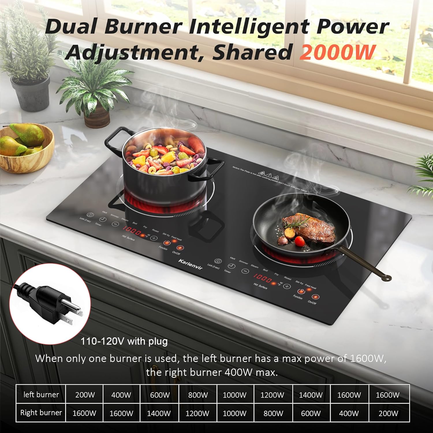 2 Burner Electric Cooktop 110v, 2000W Electric Stove Top Countertop & Built-in, Plug-in Electrics Cooktop 24 Inch, 8 Power Levels & 8 Functions, Touch Control, Safety Lock, Timer, Karienvir