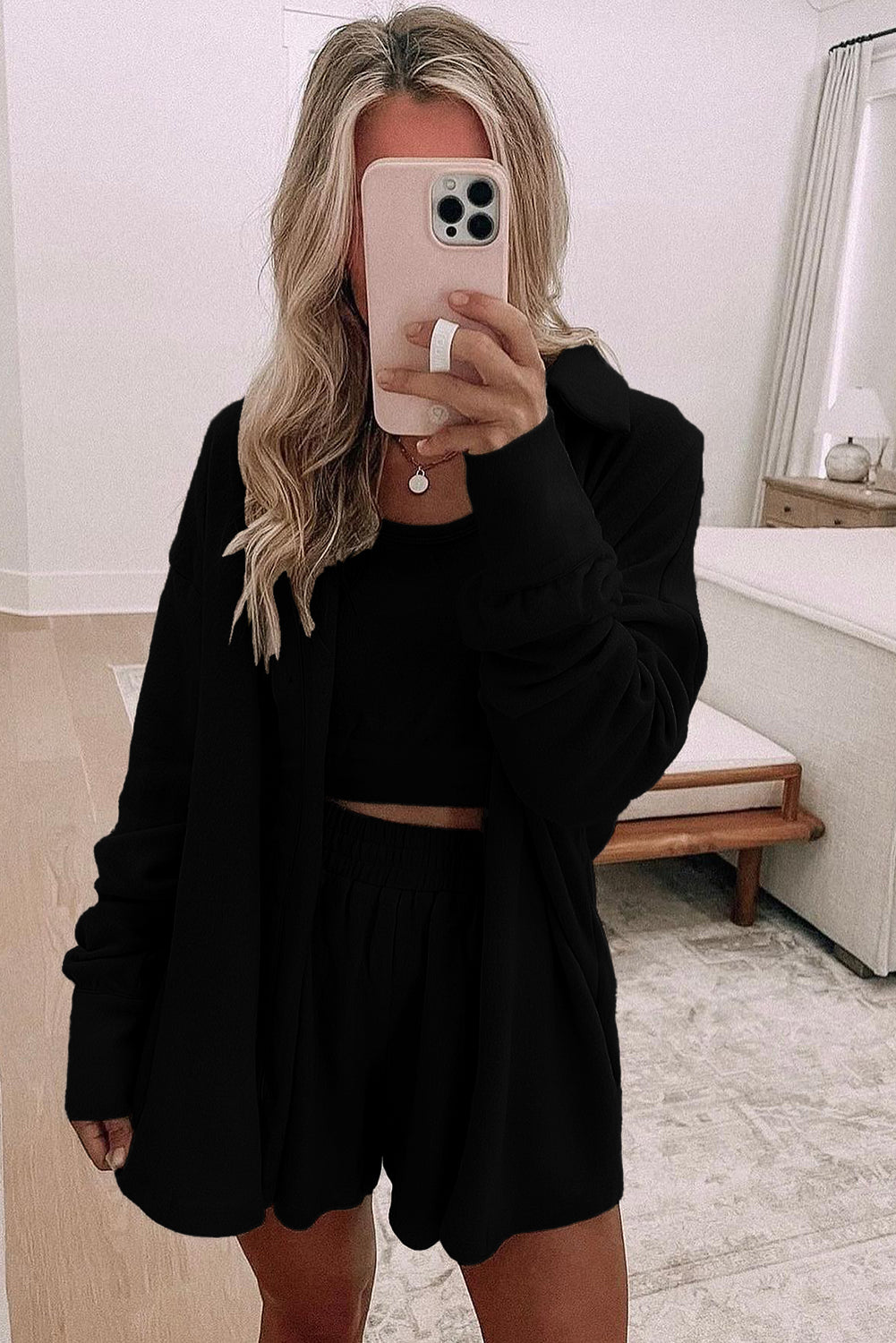 Black 3 Pcs Crop Tank Top Shorts with Cardigan Lounge Set