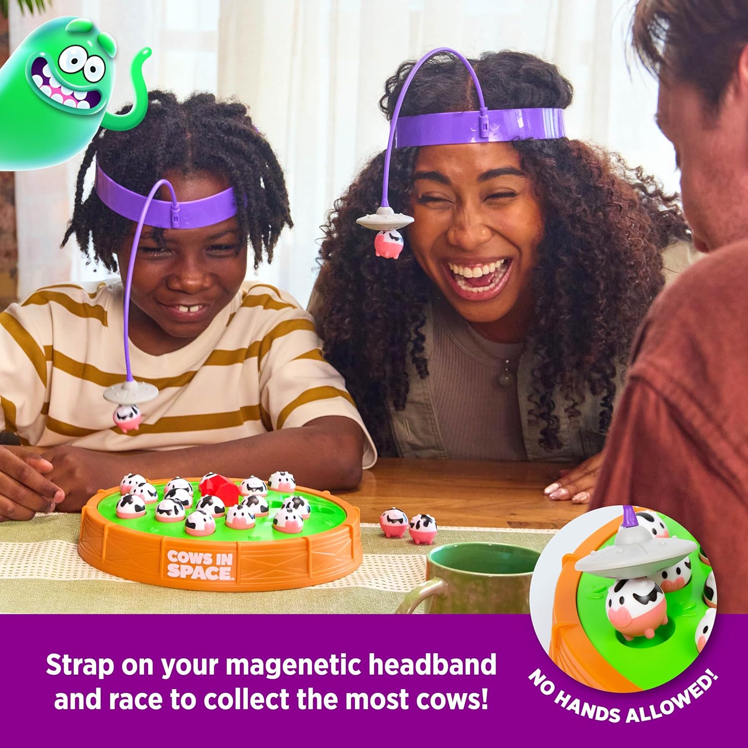 WHAT DO YOU MEME? Cows in Space by Relatable – A Kid-Friendly Pick for 2 Player Kids Games, and Fun Games – Includes 2 UFO Headbands, 1 Electronic Spinning Base, 21 Cows, and Instructions