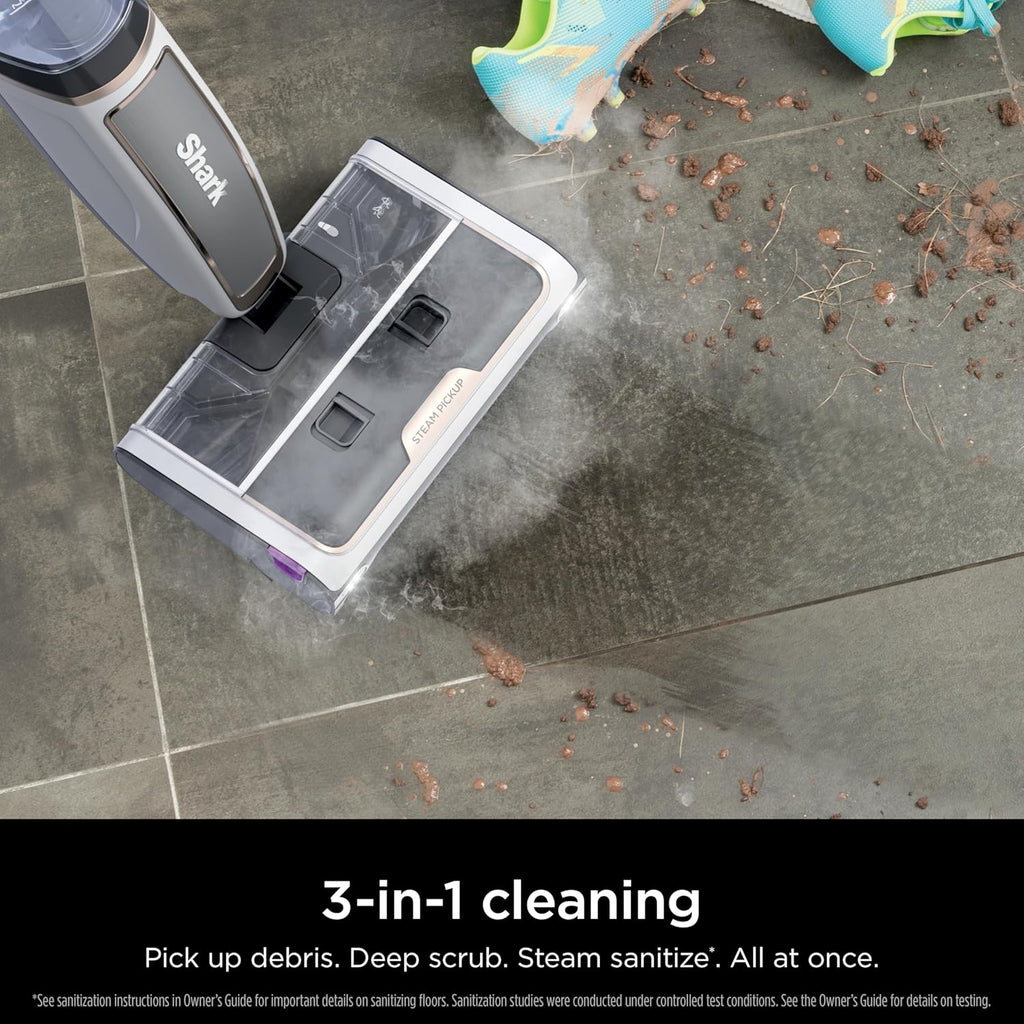 Shark Steam Pickup 3-in-1 Steam Mop Picks Up Debris, Deep Scrubs, & Steam Sanitizes - All At Once, Lightweight Steam Cleaner for Home, Steam Cleaner for Hardwood, Tile & Laminate, White, SD205CCO (Renewed)