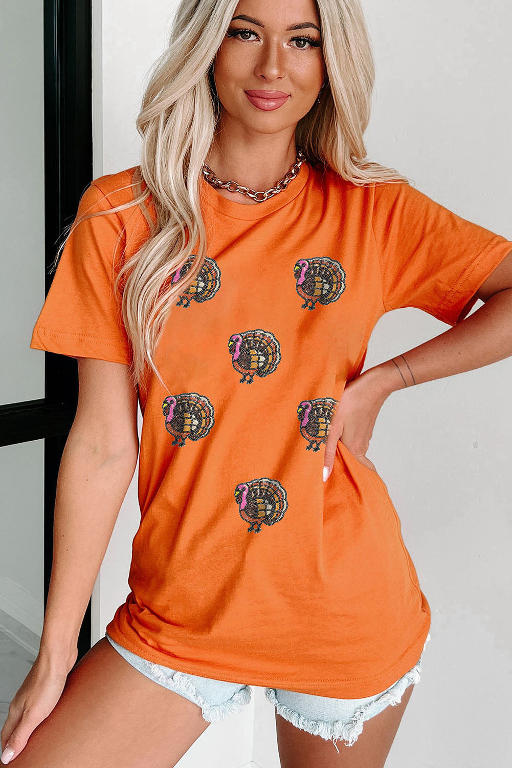 Orange Thanksgiving Turkey Sequin Graphic Womens Casual T Shirt