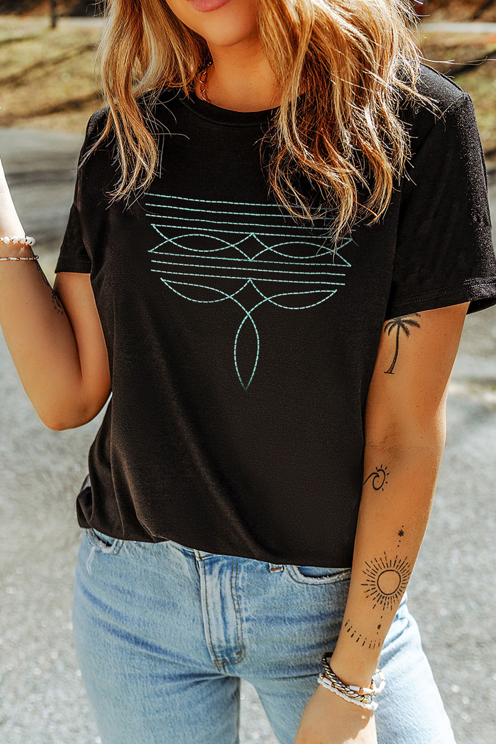 Black Western Fashion Geometric Embroidered T Shirt