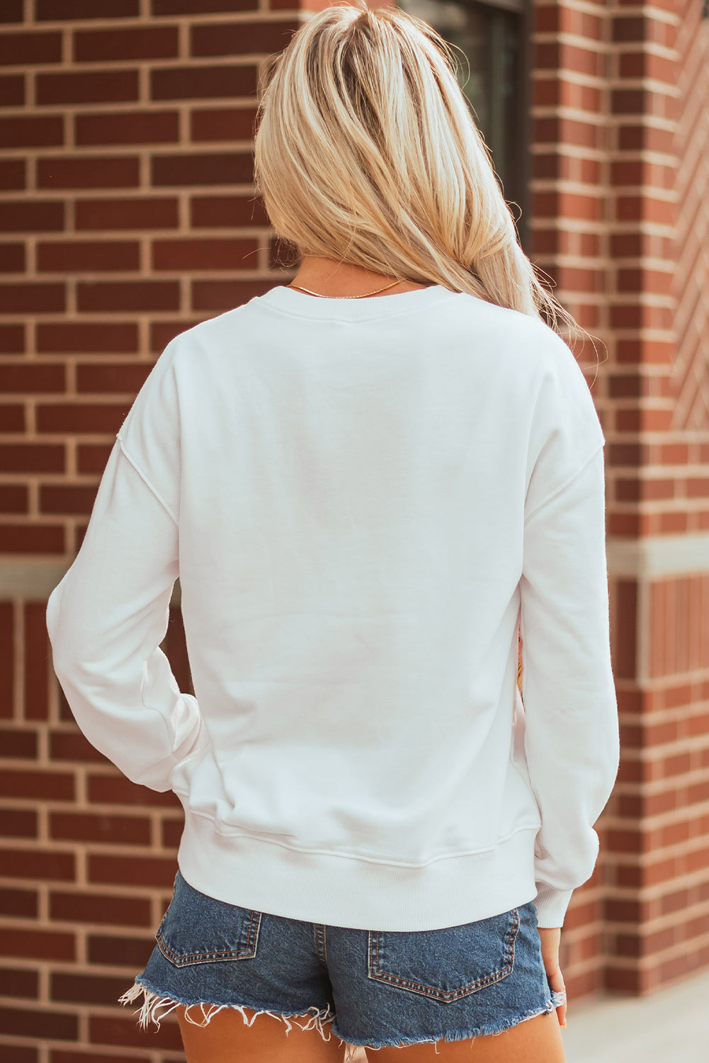 White Sequin Bow Baseball Patched Casual Sweatshirt