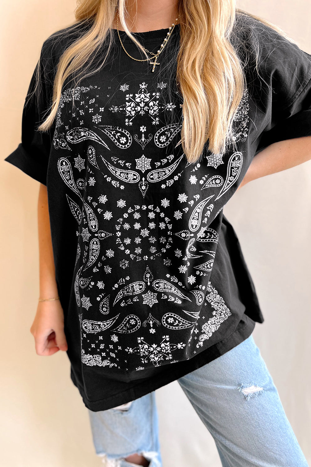 Black Paisley Print Crew Neck Loose Fit Tunic Tee